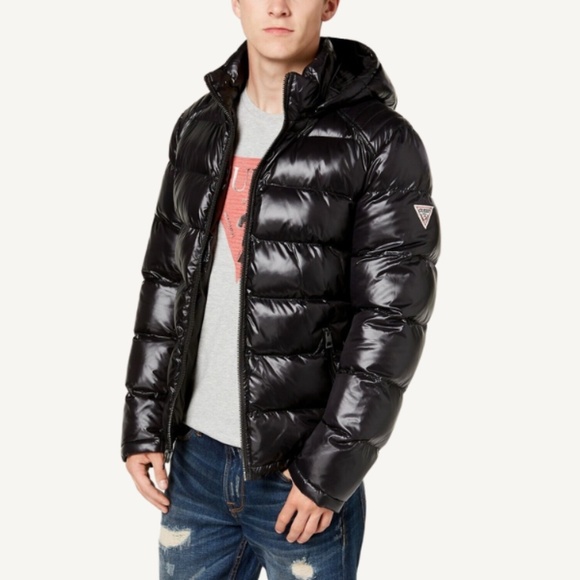 GUESS Black Shiny Hooded Puffer Coat - Picture 1 of 9